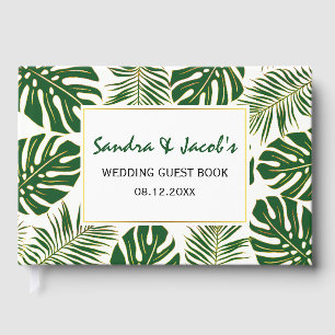 Tropical green and gold leaves modern wedding guest book