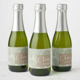 Tropical Green and Gold Leaves on Sage Mini Sparkling Wine Label