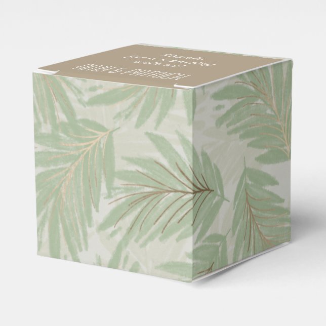 Tropical Green and Gold Leaves on Sage Square Favor Box (Front Side)