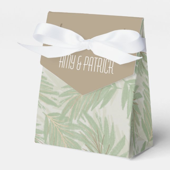 Tropical Green and Gold Leaves on Sage Tent Favor Box (Front Side)