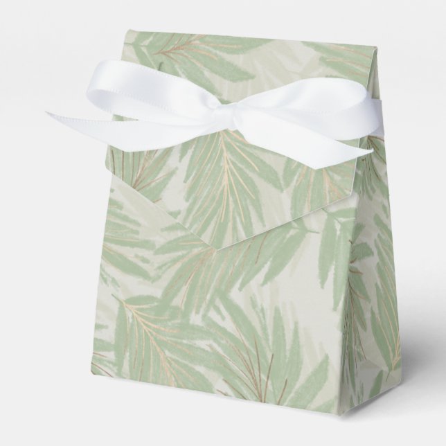Tropical Green and Gold Leaves on Sage Tent Favor Box (Front Side)