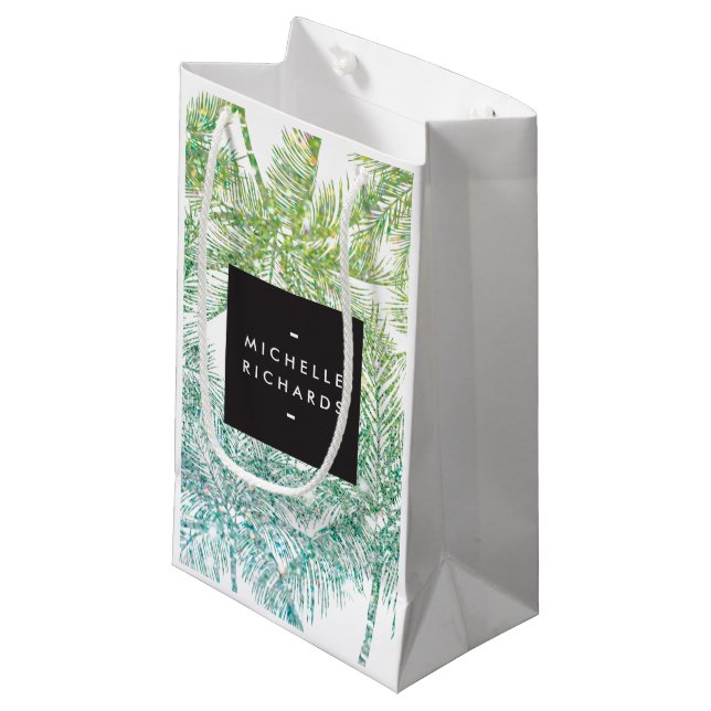 Tropical Green/Aqua Glitter Palms Gift Bag (Front Angled)