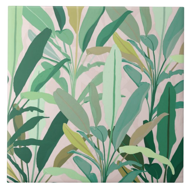 Tropical Green Banana Leaves Pink Pattern Tile (Front)