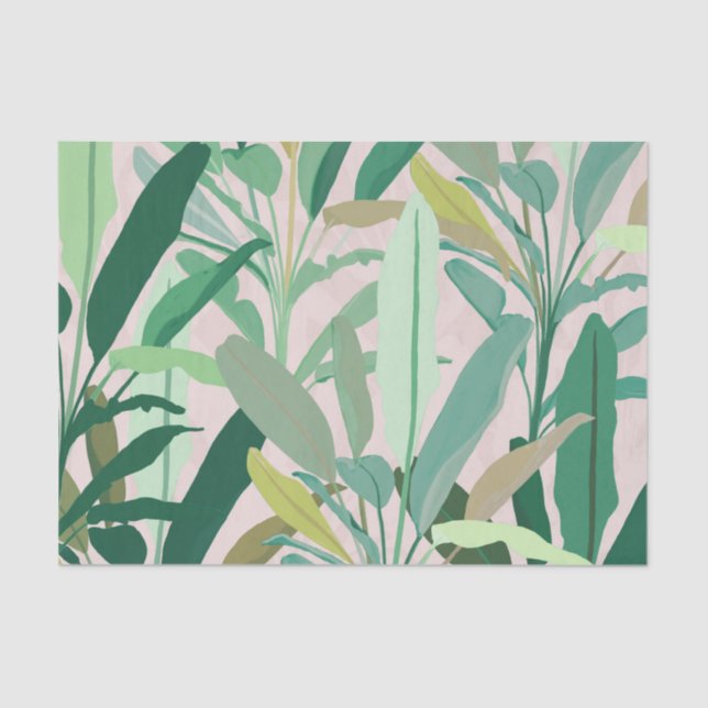Tropical Green Banana Leaves Pink Pattern Tissue Paper (Front)