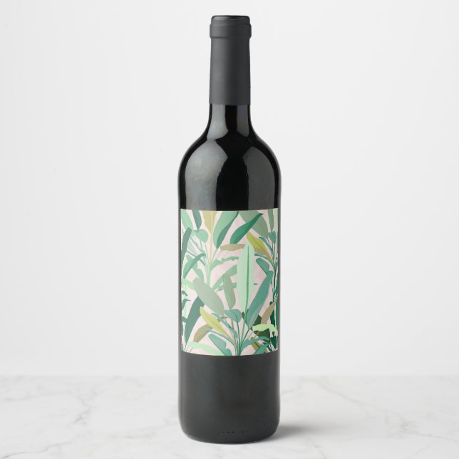 Tropical Green Banana Leaves Pink Pattern Wine Label (Front)