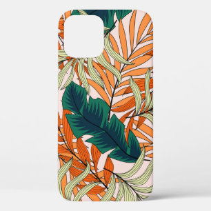 Tropical green beige leaves, seamless pattern. iPhone 12 case