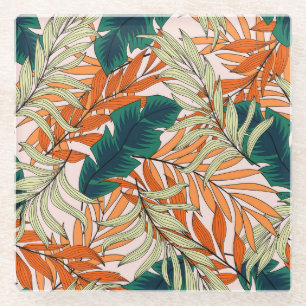 Tropical green beige leaves, seamless pattern. glass coaster
