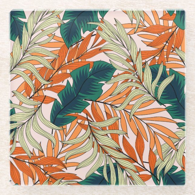Tropical green beige leaves, seamless pattern. glass coaster (Front)