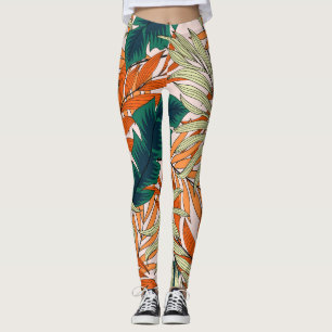 Tropical green beige leaves, seamless pattern. leggings
