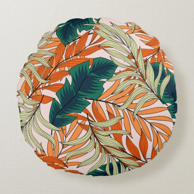 Tropical green beige leaves, seamless pattern. round pillow (Front)