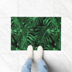 Tropical Green Black Jungle Leaves Pattern Doormat