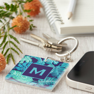 Tropical Green Blue Feuille Motif Monogram