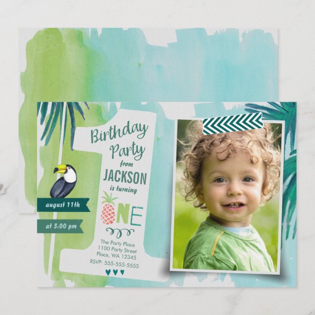 Tropical Green & blue Jungle Watercolour Boy Invitation (Front/Back)