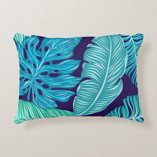 Tropical Green Blue Leaves Pattern Accent Pillow (Front)
