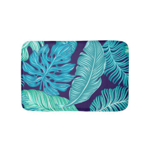 Tropical Green Blue Leaves Pattern Bath Mat