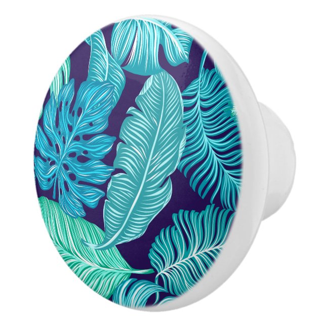 Tropical Green Blue Leaves Pattern Ceramic Knob (Right)