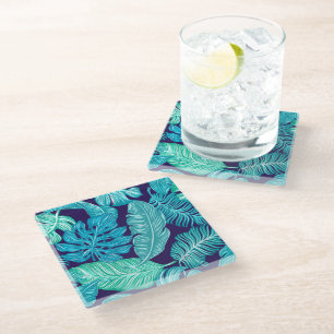Tropical Green Blue Leaves Pattern Glass Coaster
