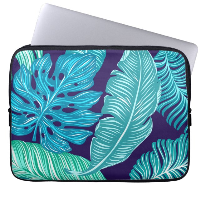 Tropical Green Blue Leaves Pattern Laptop Sleeve (Front)