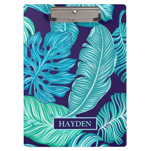 Tropical Green Blue Leaves Pattern Personalised Clipboard (Front)