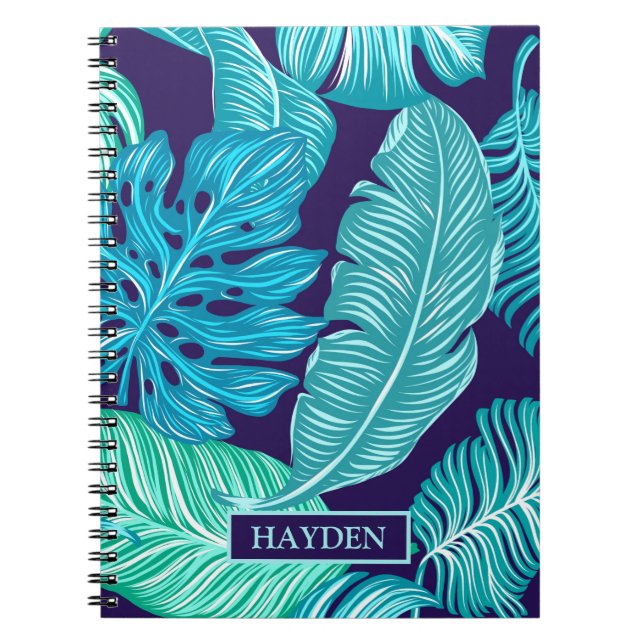 Tropical Green Blue Leaves Pattern Personalised Notebook (Front)