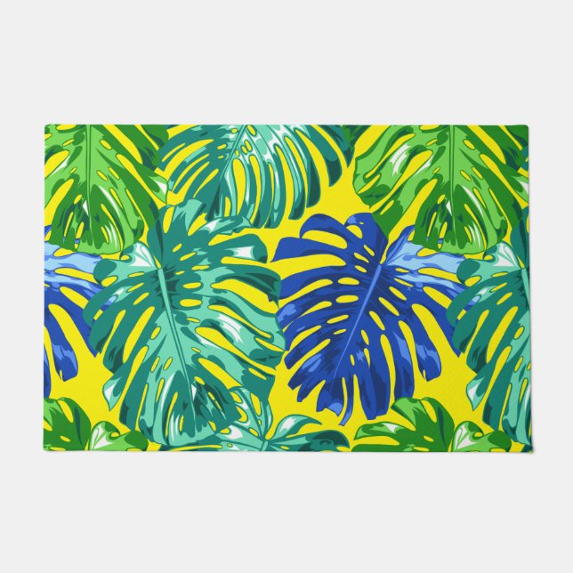 Tropical Green Blue Yellow Jungle Leaves Doormat (Front)