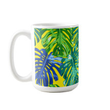 Tropical Green Blue Yellow Monstera Jungle Leaves