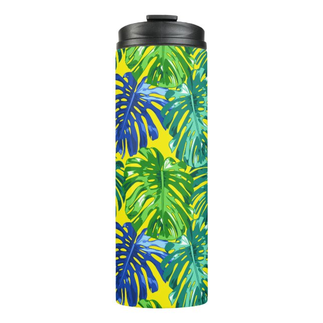 Tropical Green Blue Yellow Monstera Jungle Leaves Thermal Tumbler (Front)