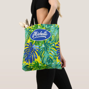 Tropical Green Blue Yellow Monstera Jungle Leaves Tote Bag