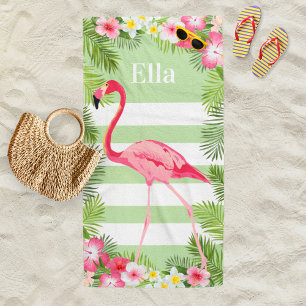Tropical Green Flamingo Stripe Monogram Beach Towel