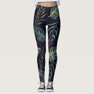 Tropical green foliage palm leaf navy blue leggings