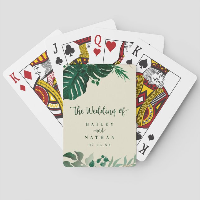 Tropical Green & Gold Foliage Beach Wedding Favour Playing Cards (Back)