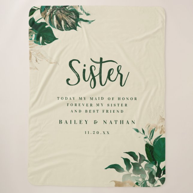 Tropical Green & Gold Foliage Sister Wedding Quote Sherpa Blanket (Front)