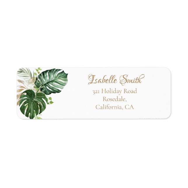 Tropical Green Gold Monstera Leaves Return Address (Front)