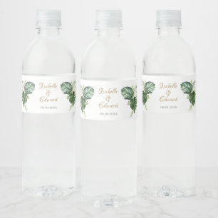 Tropical Green & Gold Monstera Leaves Water Bottle Label
