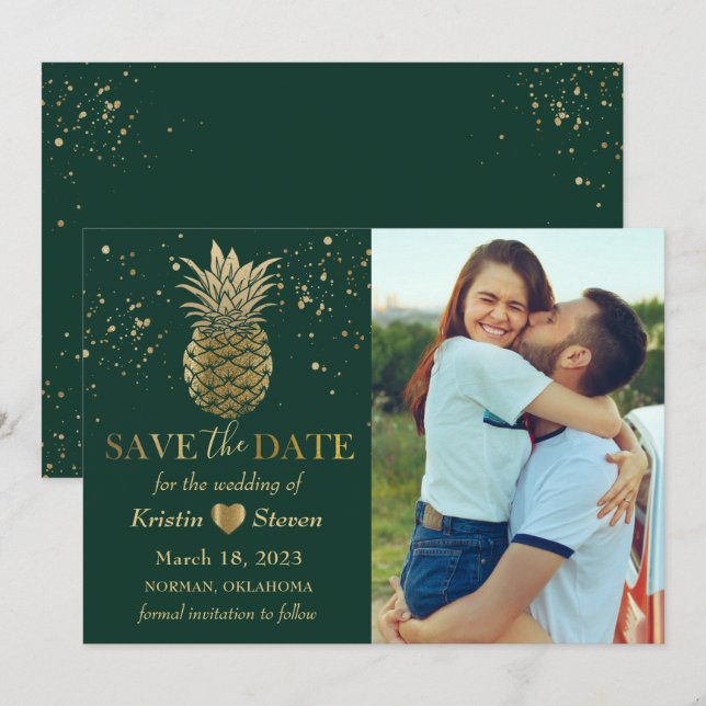 Tropical Green Gold Pineapple Photo Save The Date (Front/Back)