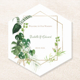 Tropical Green & Gold Watercolor Palm Leaves Paper Coaster