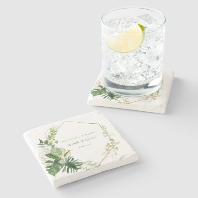 Tropical Green & Gold Watercolor Palm Leaves Stone Coaster (Side)