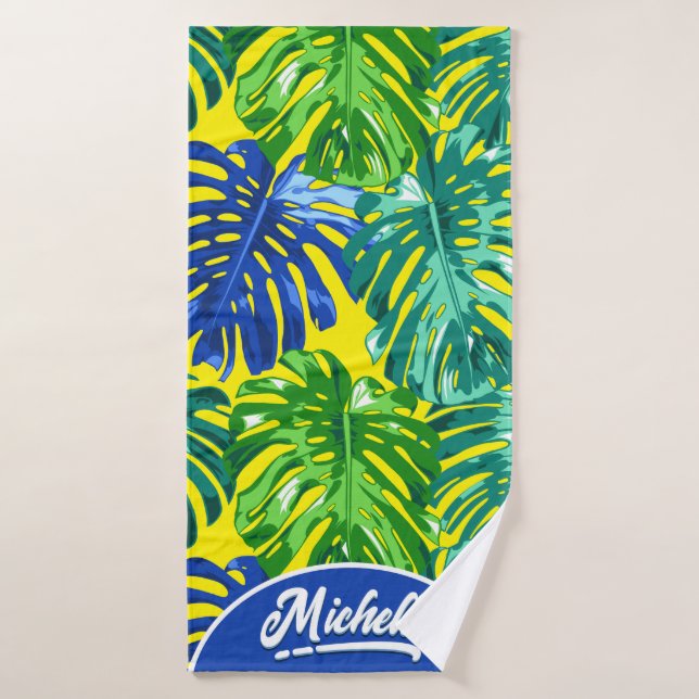 Tropical Green Jaune Jungle Nom des Feuilles (Serviette de bain)