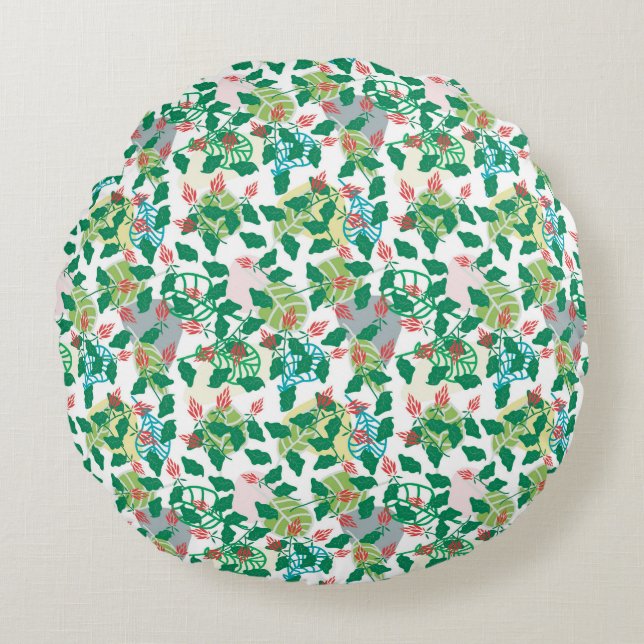 Tropical Green Leaf and Red Flower Pattern Round Pillow (Front)