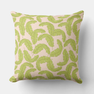 Tropical Green Leaf Cushion Soft Pink Background