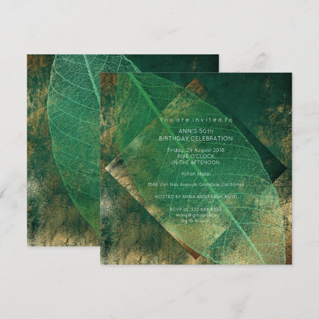 Tropical Green Leaf Distressed Gold Party Invitation (Front/Back)