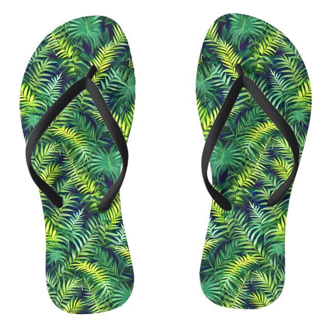 Tropical Green Leaf Fern Pattern Flip Flops (Footbed)