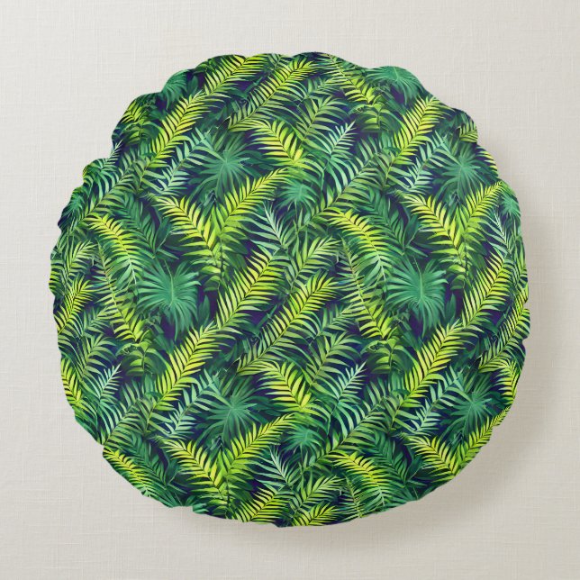 Tropical Green Leaf Fern Pattern Round Pillow (Front)
