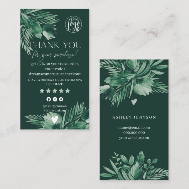 Tropical green leaf review order thank you business card (Front/Back)