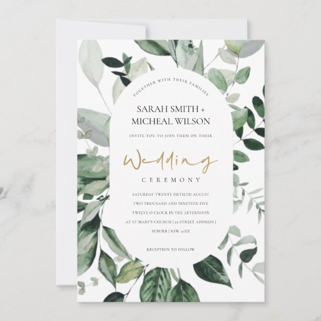 Tropical Green Leafy Capsule Fauna Wedding Invite (Front)