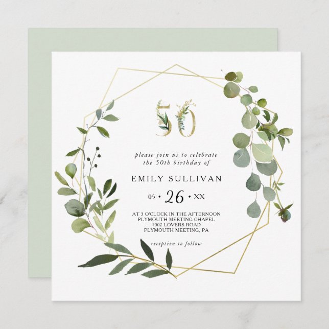 Tropical Green Leaves 50th Birthday Party Invitation (Front/Back)
