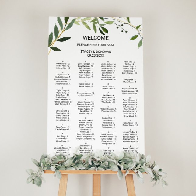 Tropical Green Leaves Alphabetical Seating Chart (Creator Uploaded)