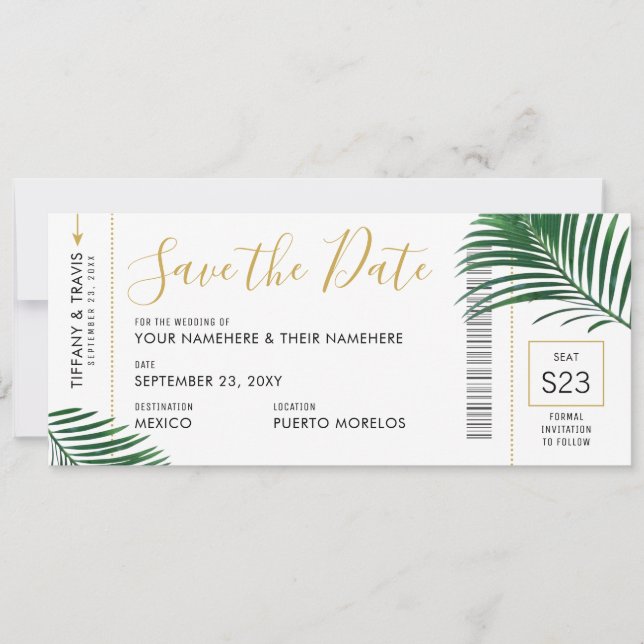 Tropical Green Leaves Boarding Pass Save Date Card (Front)