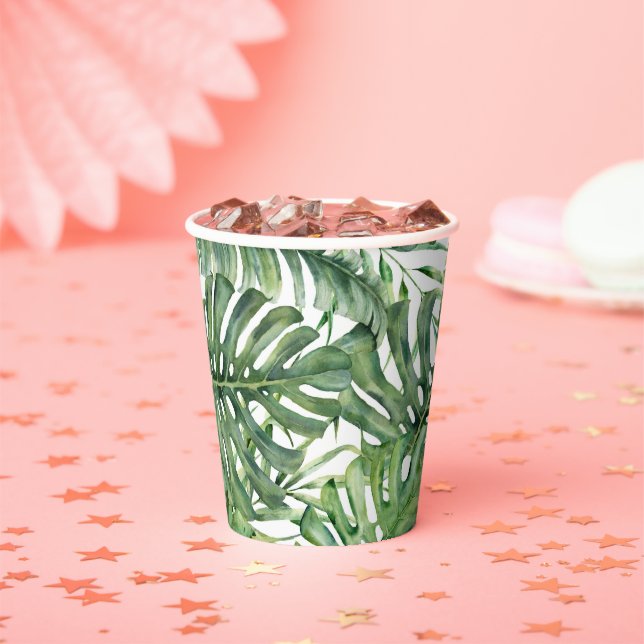 Tropical Green Leaves Botanical Island Palm Tree Paper Cups (Insitu)
