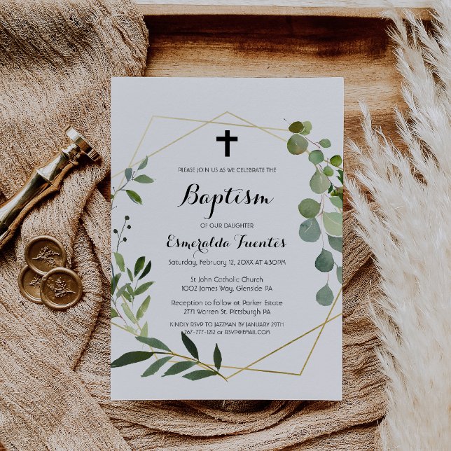 Tropical Green Leaves Cross Baptism Invitation (Creator Uploaded)